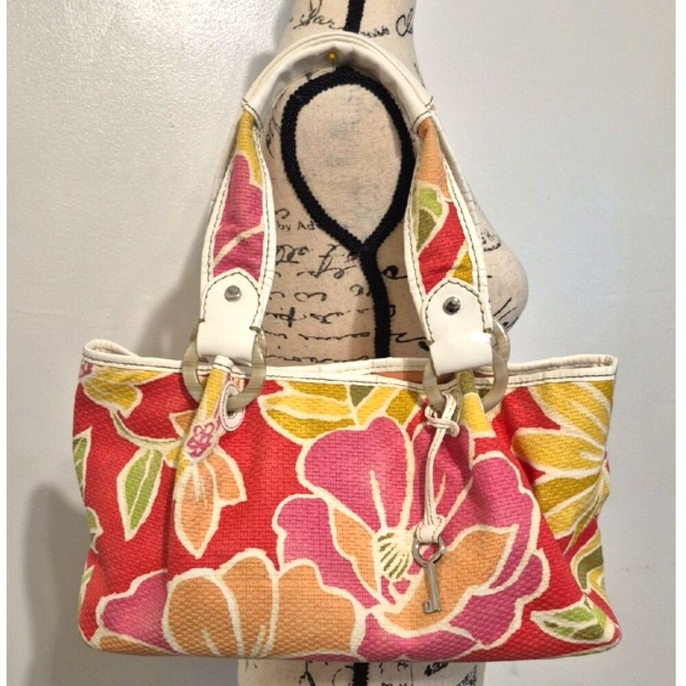 Fossil Modern Vintage Floral Canvas Tote Bag Y2K Boho Beach Shoulder Purse